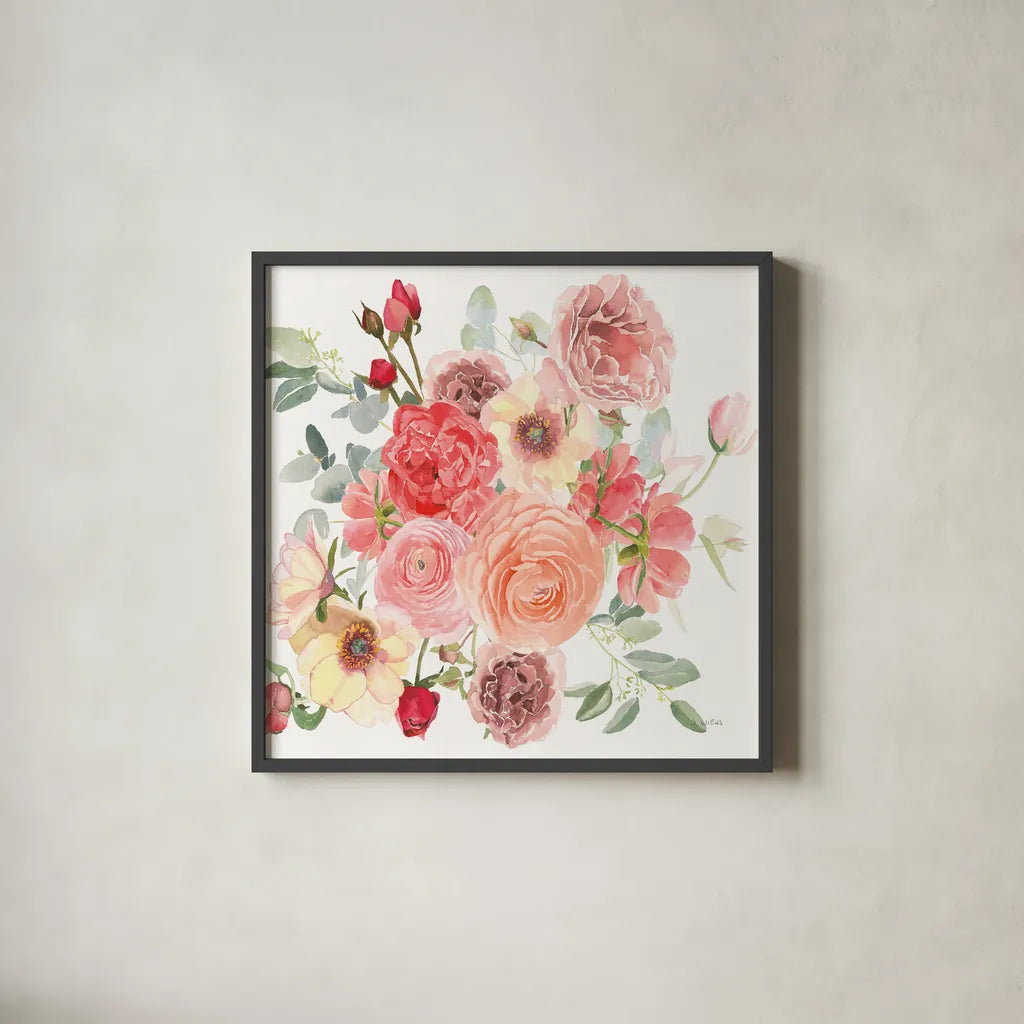 Boho Bouquet  XIV by James Wiens. Shown in a sleek black glass frame for a contemporary gallery look. Available as an archival giclee rolled canvas, fine art paper, or poster print. SKU 68454a.