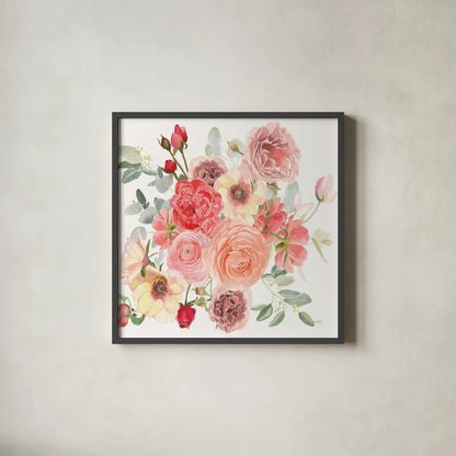 Boho Bouquet  XIV by James Wiens. Shown in a sleek black glass frame for a contemporary gallery look. Available as an archival giclee rolled canvas, fine art paper, or poster print. SKU 68454a.