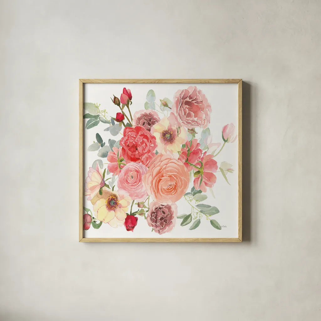 Boho Bouquet  XIV by James Wiens. Shown in a natural wood glass frame for a timeless modern aesthetic. Available as an archival giclee rolled canvas, fine art paper, or poster print. SKU 68454a.