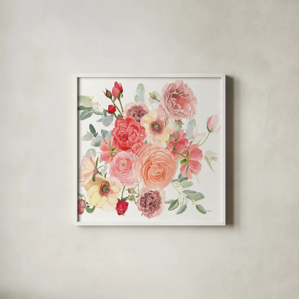 Boho Bouquet  XIV by James Wiens. Shown in a crisp white glass frame for a clean and minimalist style. Available as an archival giclee rolled canvas, fine art paper, or poster print. SKU 68454a.