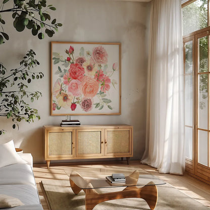 Boho Bouquet  XIV by James Wiens. Shown in a natural wood frame in a cozy modern living room. Available as an archival giclee rolled canvas, fine art paper, or poster print. SKU 68454a.