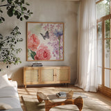 Boho Bouquet  XV by James Wiens. Shown in a natural wood frame in a cozy modern living room. Available as an archival giclee rolled canvas, fine art paper, or poster print. SKU 68455a.