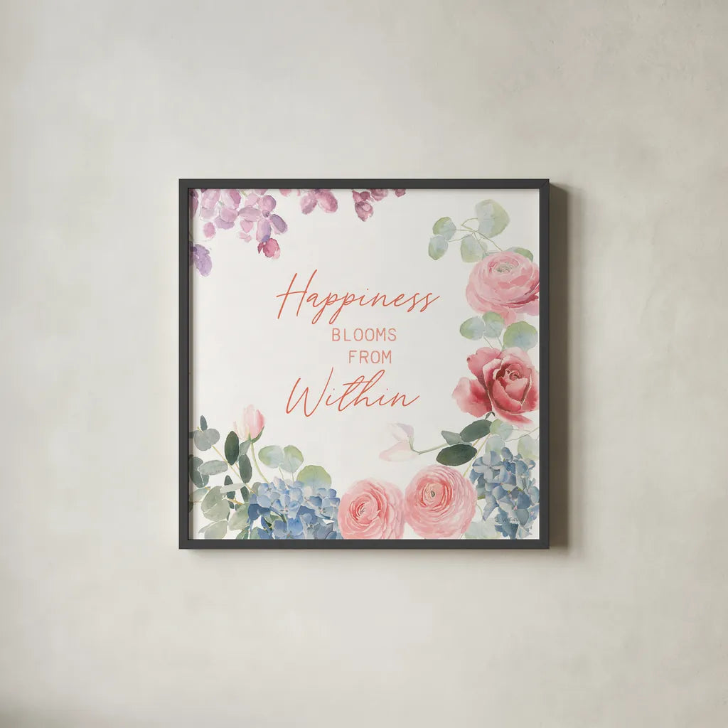 Boho Bouquet  XVI by James Wiens. Shown in a sleek black glass frame for a contemporary gallery look. Available as an archival giclee rolled canvas, fine art paper, or poster print. SKU 68456a.