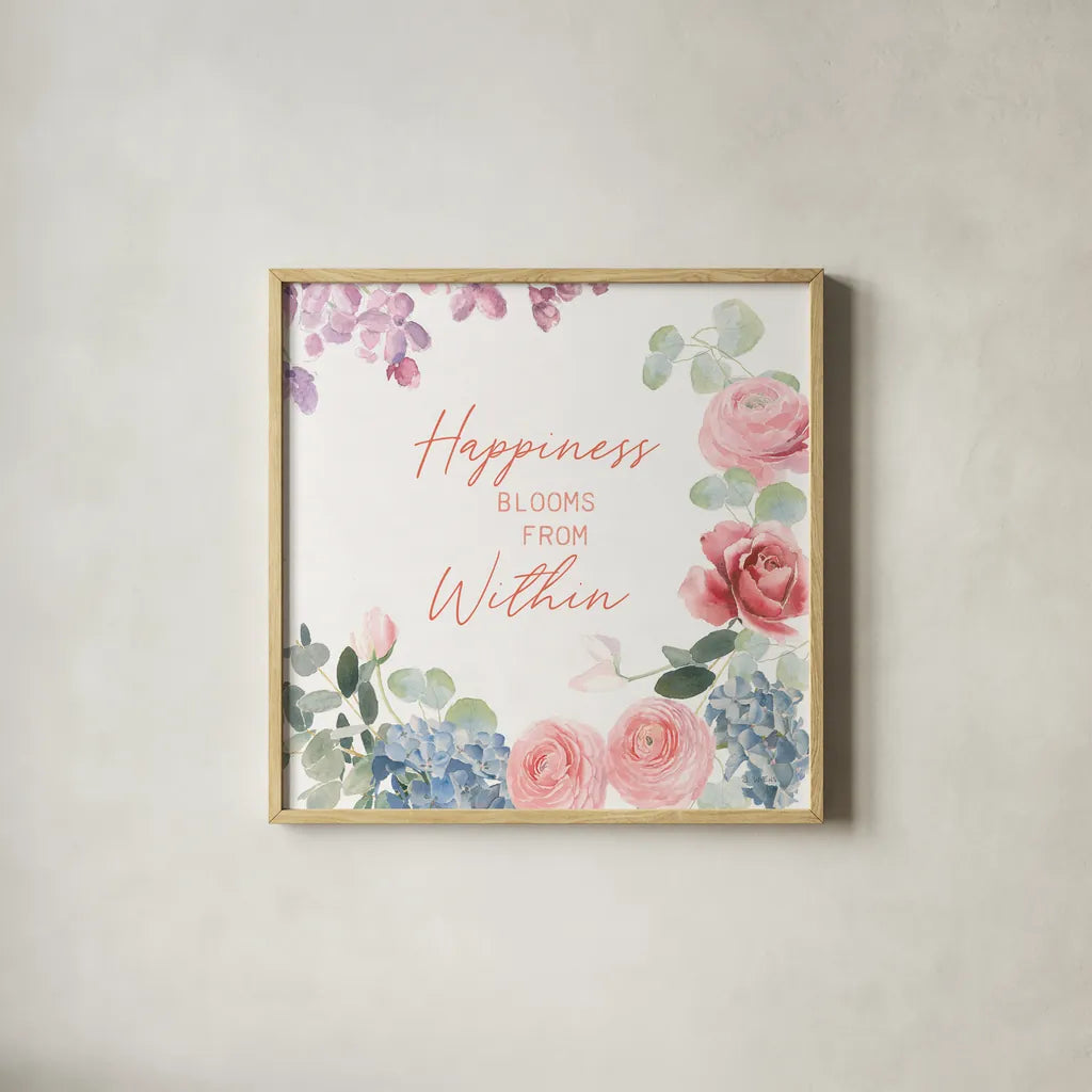 Boho Bouquet  XVI by James Wiens. Shown in a natural wood glass frame for a timeless modern aesthetic. Available as an archival giclee rolled canvas, fine art paper, or poster print. SKU 68456a.