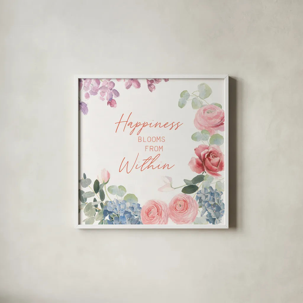 Boho Bouquet  XVI by James Wiens. Shown in a crisp white glass frame for a clean and minimalist style. Available as an archival giclee rolled canvas, fine art paper, or poster print. SKU 68456a.