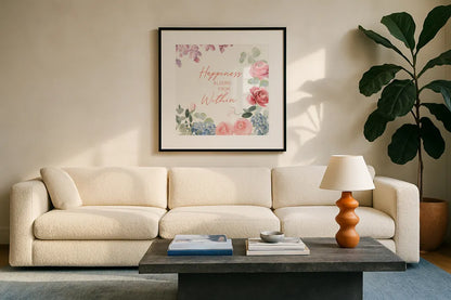 Boho Bouquet  XVI by James Wiens. Displayed in a glass frame with matte in a clean modern living room. Available as an archival giclee rolled canvas, fine art paper, or poster print. SKU 68456a.