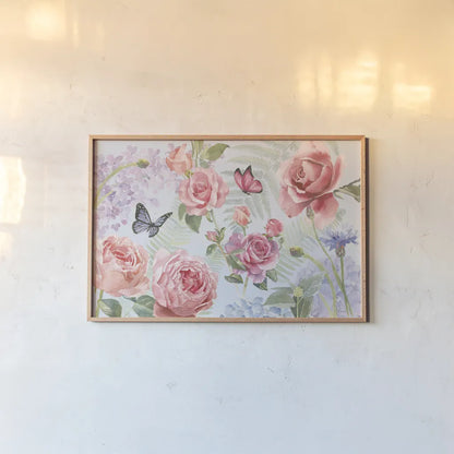 Boho Bouquet I Blue by James Wiens. shown as a paper print in a natural frame. Available as a archival giclee rolled canvas, fine art paper, or poster print. SKU 62647i.