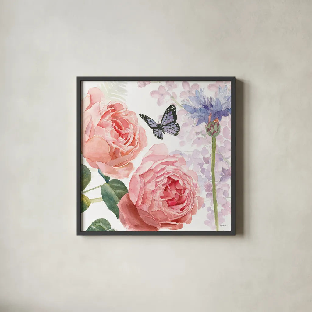 Boho Bouquet II by James Wiens. Shown in a sleek black glass frame for a contemporary gallery look. Available as an archival giclee rolled canvas, fine art paper, or poster print. SKU 62643a.