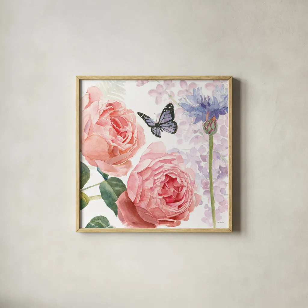 Boho Bouquet II by James Wiens. Shown in a natural wood glass frame for a timeless modern aesthetic. Available as an archival giclee rolled canvas, fine art paper, or poster print. SKU 62643a.