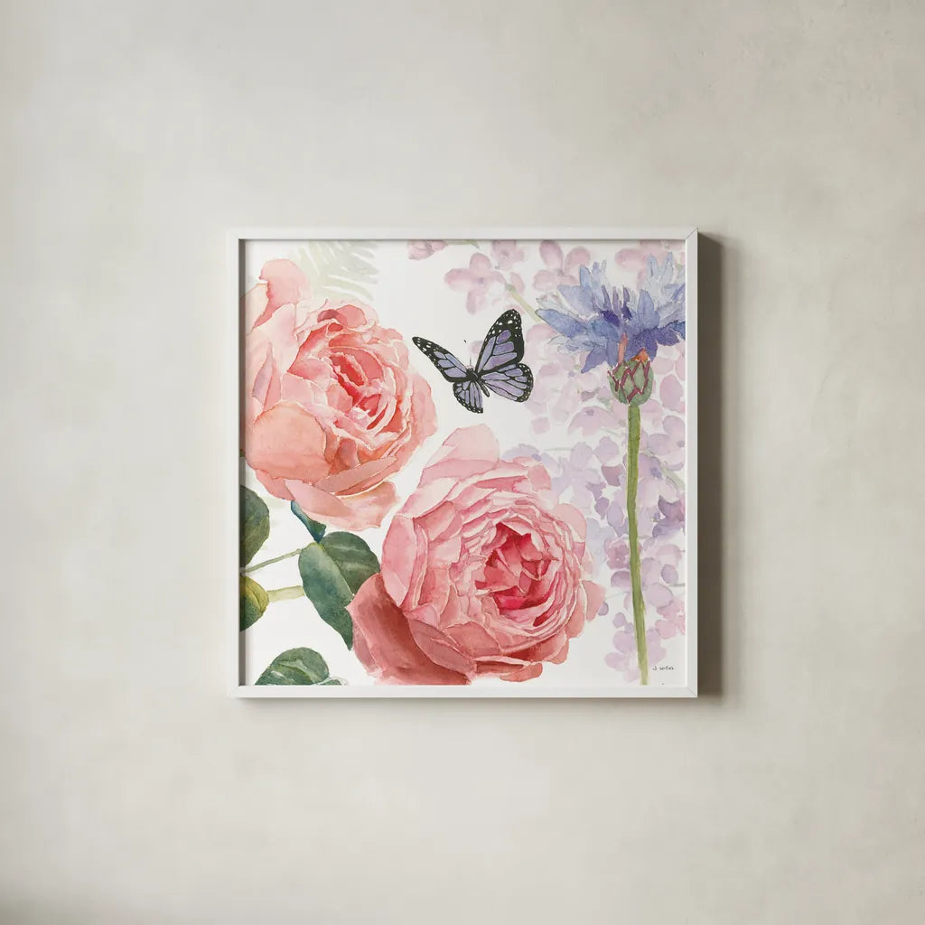 Boho Bouquet II by James Wiens. Shown in a crisp white glass frame for a clean and minimalist style. Available as an archival giclee rolled canvas, fine art paper, or poster print. SKU 62643a.