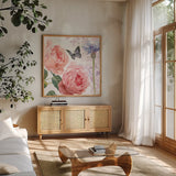 Boho Bouquet II by James Wiens. Shown in a natural wood frame in a cozy modern living room. Available as an archival giclee rolled canvas, fine art paper, or poster print. SKU 62643a.