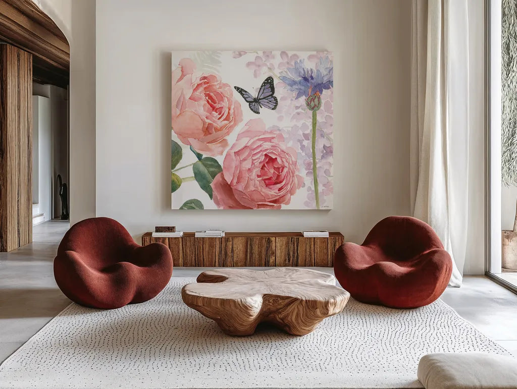 Boho Bouquet II by James Wiens. Shown as extra-large giant wall art in a modern living room. Available as an archival giclee rolled canvas, fine art paper, or poster print. SKU 62643a.