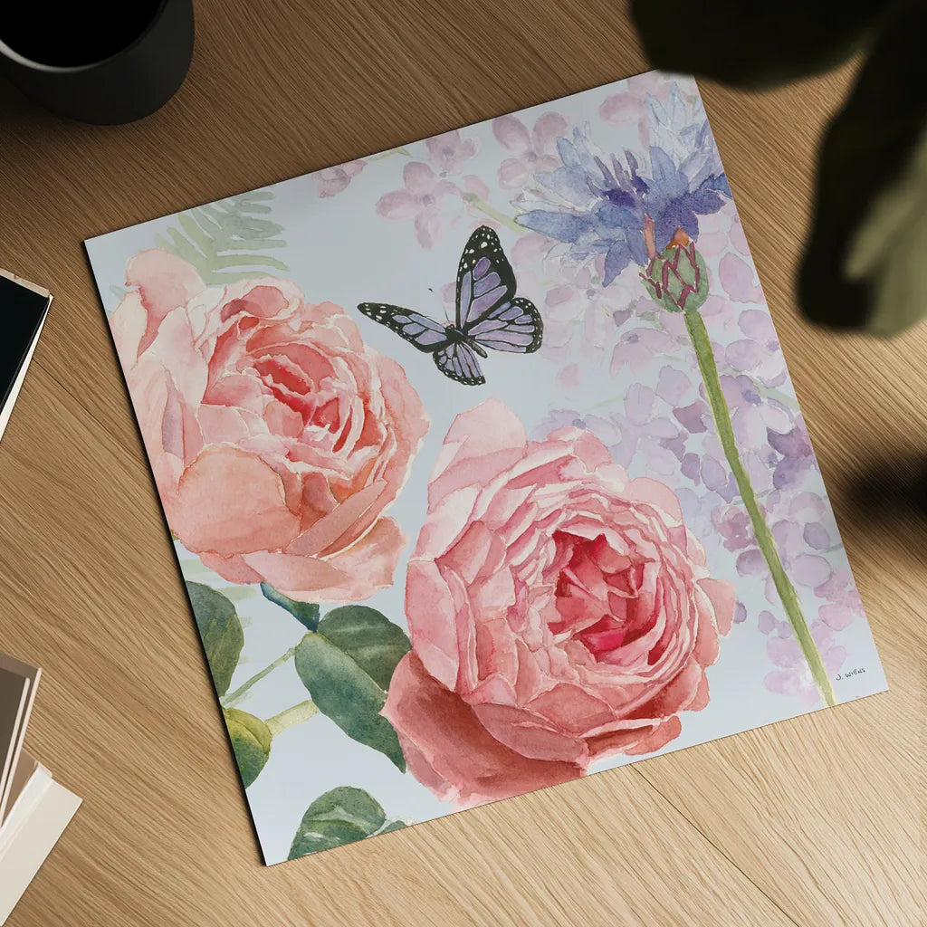 Boho Bouquet II Blue by James Wiens. Shown as a detailed flat fine art print, highlighting archival giclee quality. Available as an archival giclee rolled canvas, fine art paper, or poster print. SKU 62648a.