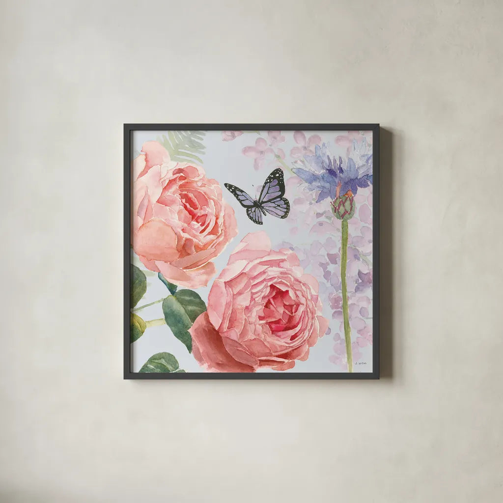 Boho Bouquet II Blue by James Wiens. Shown in a sleek black glass frame for a contemporary gallery look. Available as an archival giclee rolled canvas, fine art paper, or poster print. SKU 62648a.