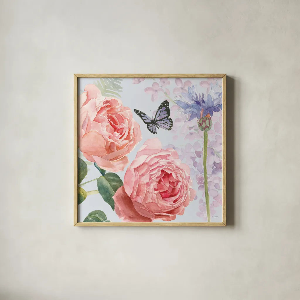 Boho Bouquet II Blue by James Wiens. Shown in a natural wood glass frame for a timeless modern aesthetic. Available as an archival giclee rolled canvas, fine art paper, or poster print. SKU 62648a.