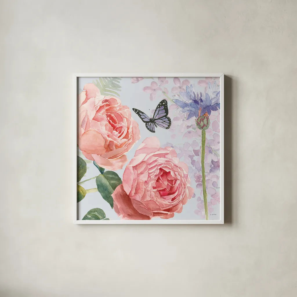 Boho Bouquet II Blue by James Wiens. Shown in a crisp white glass frame for a clean and minimalist style. Available as an archival giclee rolled canvas, fine art paper, or poster print. SKU 62648a.