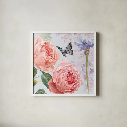 Boho Bouquet II Blue by James Wiens. Shown in a crisp white glass frame for a clean and minimalist style. Available as an archival giclee rolled canvas, fine art paper, or poster print. SKU 62648a.