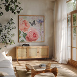 Boho Bouquet II Blue by James Wiens. Shown in a natural wood frame in a cozy modern living room. Available as an archival giclee rolled canvas, fine art paper, or poster print. SKU 62648a.