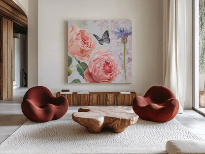 Boho Bouquet II Blue by James Wiens. Shown as extra-large giant wall art in a modern living room. Available as an archival giclee rolled canvas, fine art paper, or poster print. SKU 62648a.
