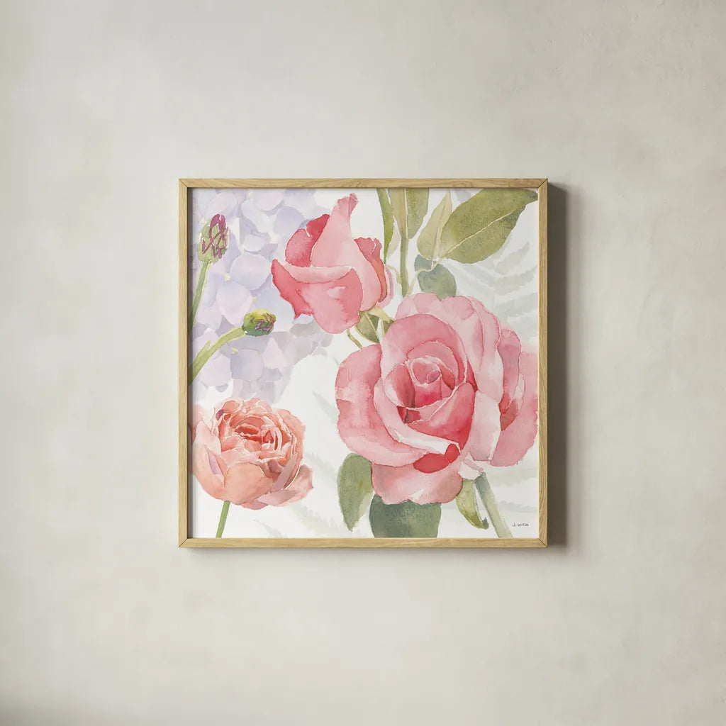 Boho Bouquet III by James Wiens. Shown in a natural wood glass frame for a timeless modern aesthetic. Available as an archival giclee rolled canvas, fine art paper, or poster print. SKU 62644a.