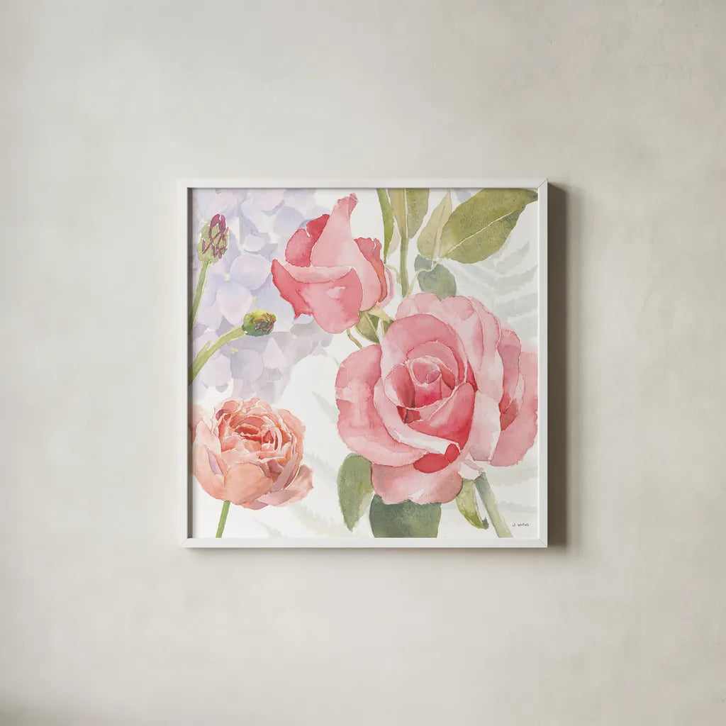 Boho Bouquet III by James Wiens. Shown in a crisp white glass frame for a clean and minimalist style. Available as an archival giclee rolled canvas, fine art paper, or poster print. SKU 62644a.