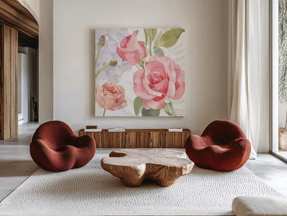Boho Bouquet III by James Wiens. Shown as extra-large giant wall art in a modern living room. Available as an archival giclee rolled canvas, fine art paper, or poster print. SKU 62644a.