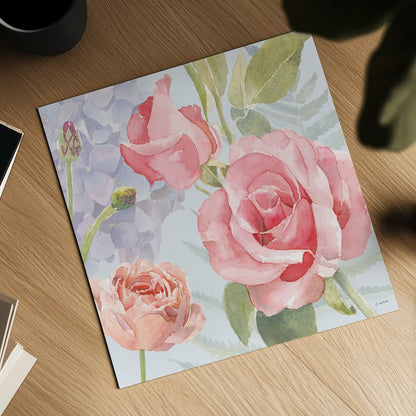 Boho Bouquet III Blue by James Wiens. Shown as a detailed flat fine art print, highlighting archival giclee quality. Available as an archival giclee rolled canvas, fine art paper, or poster print. SKU 62649a.