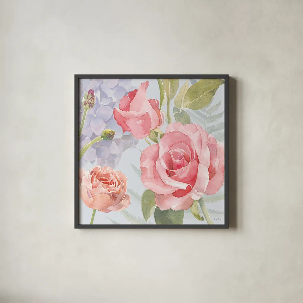 Boho Bouquet III Blue by James Wiens. Shown in a sleek black glass frame for a contemporary gallery look. Available as an archival giclee rolled canvas, fine art paper, or poster print. SKU 62649a.