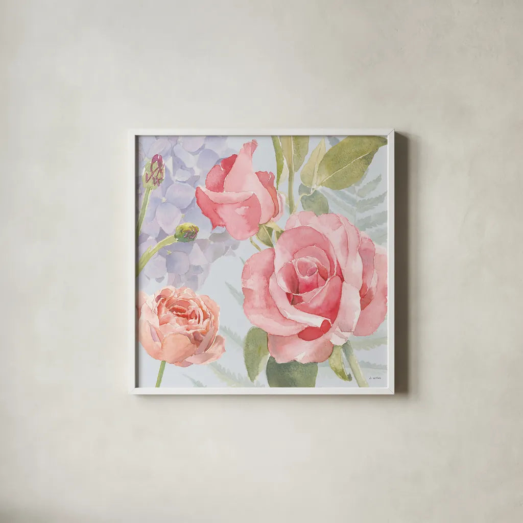 Boho Bouquet III Blue by James Wiens. Shown in a crisp white glass frame for a clean and minimalist style. Available as an archival giclee rolled canvas, fine art paper, or poster print. SKU 62649a.