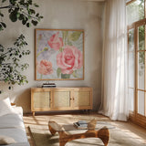 Boho Bouquet III Blue by James Wiens. Shown in a natural wood frame in a cozy modern living room. Available as an archival giclee rolled canvas, fine art paper, or poster print. SKU 62649a.