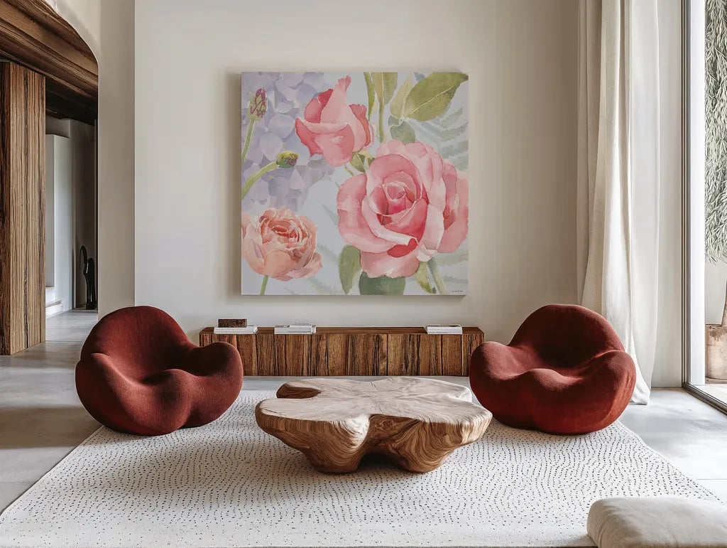 Boho Bouquet III Blue by James Wiens. Shown as extra-large giant wall art in a modern living room. Available as an archival giclee rolled canvas, fine art paper, or poster print. SKU 62649a.