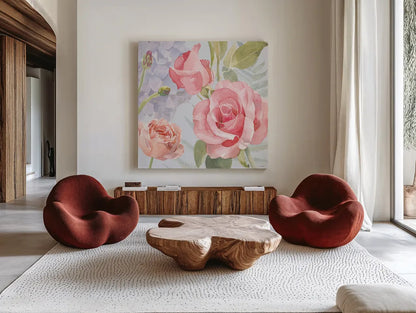 Boho Bouquet III Blue by James Wiens. Shown as extra-large giant wall art in a modern living room. Available as an archival giclee rolled canvas, fine art paper, or poster print. SKU 62649a.
