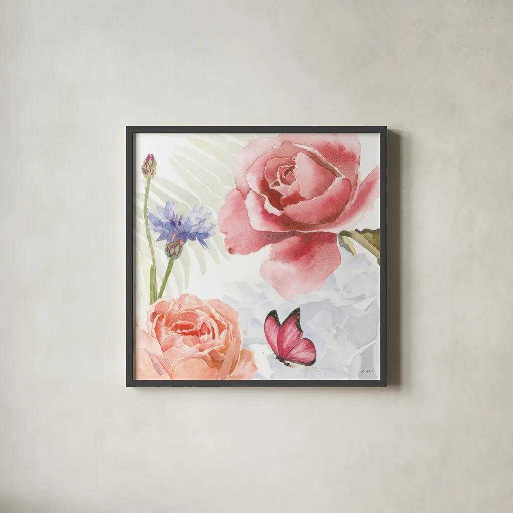 Boho Bouquet IV by James Wiens. Shown in a sleek black glass frame for a contemporary gallery look. Available as an archival giclee rolled canvas, fine art paper, or poster print. SKU 62645a.