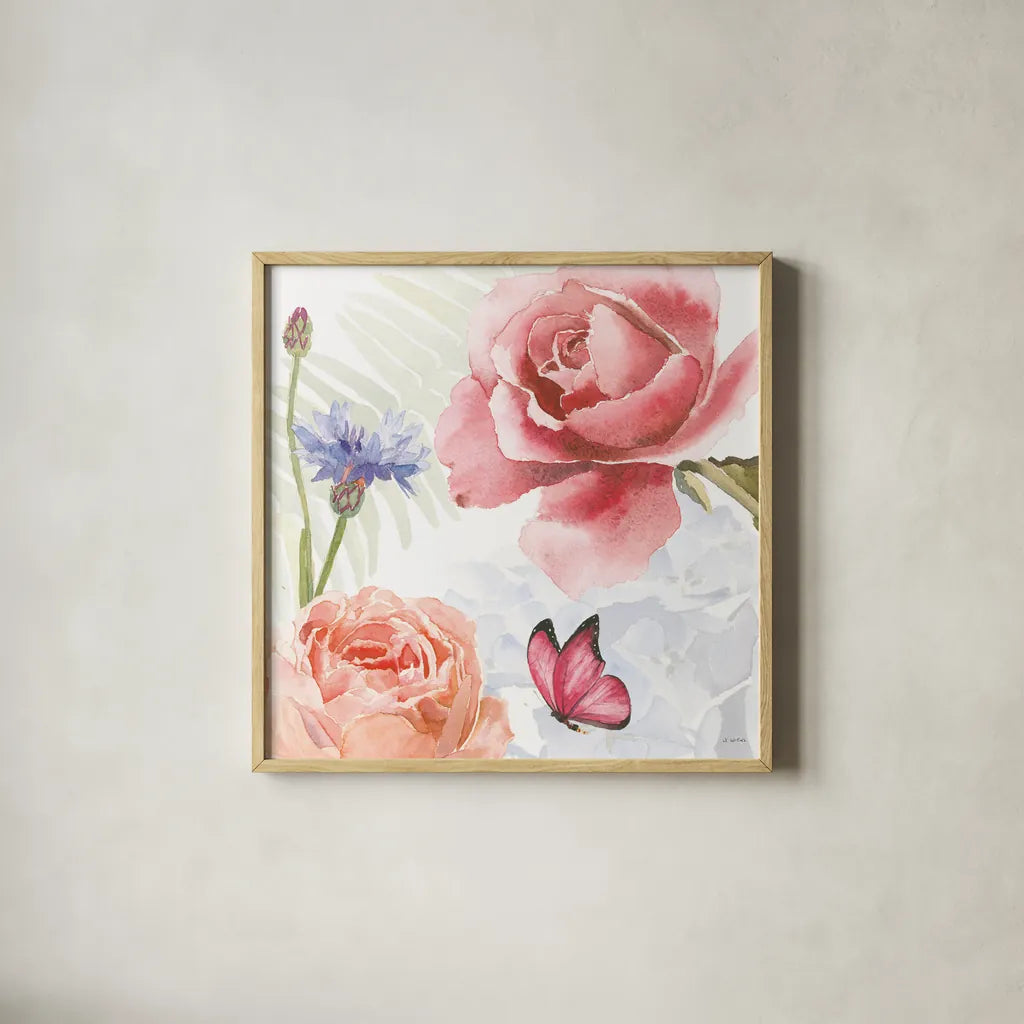 Boho Bouquet IV by James Wiens. Shown in a natural wood glass frame for a timeless modern aesthetic. Available as an archival giclee rolled canvas, fine art paper, or poster print. SKU 62645a.