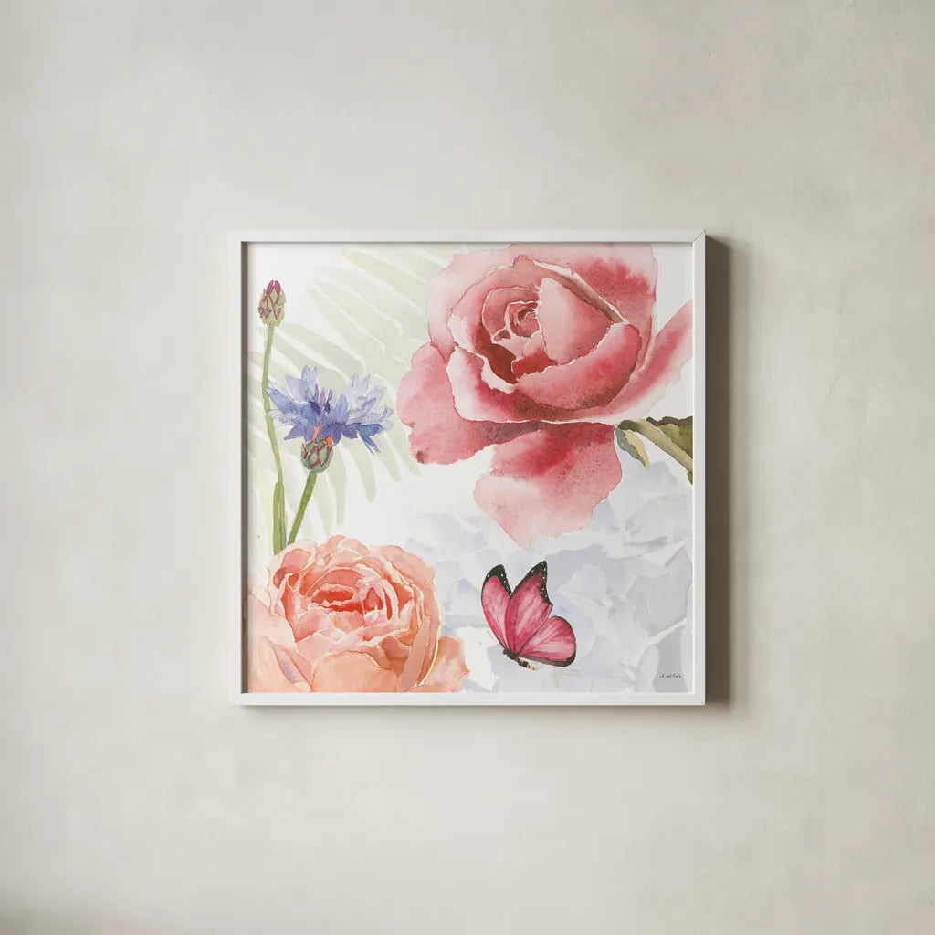 Boho Bouquet IV by James Wiens. Shown in a crisp white glass frame for a clean and minimalist style. Available as an archival giclee rolled canvas, fine art paper, or poster print. SKU 62645a.