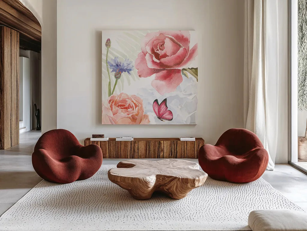 Boho Bouquet IV by James Wiens. Shown as extra-large giant wall art in a modern living room. Available as an archival giclee rolled canvas, fine art paper, or poster print. SKU 62645a.