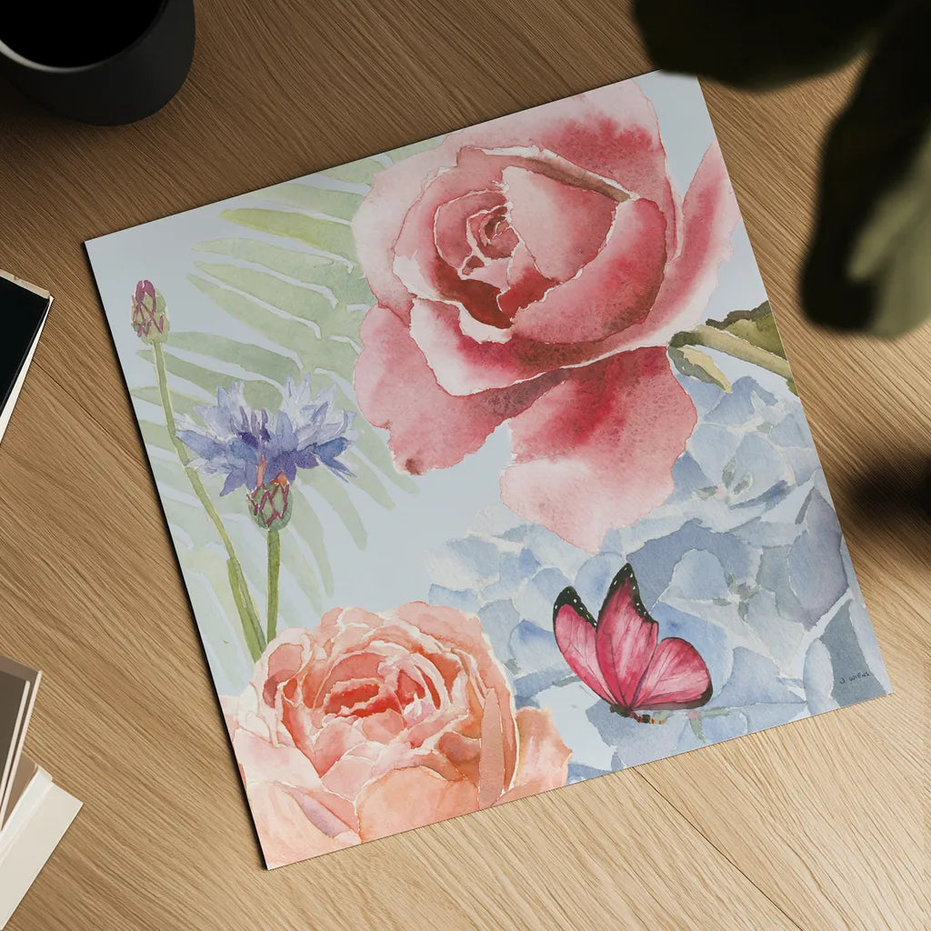 Boho Bouquet IV Blue by James Wiens. Shown as a detailed flat fine art print, highlighting archival giclee quality. Available as an archival giclee rolled canvas, fine art paper, or poster print. SKU 62650a.