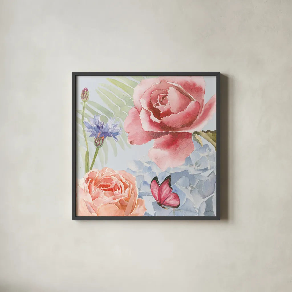 Boho Bouquet IV Blue by James Wiens. Shown in a sleek black glass frame for a contemporary gallery look. Available as an archival giclee rolled canvas, fine art paper, or poster print. SKU 62650a.