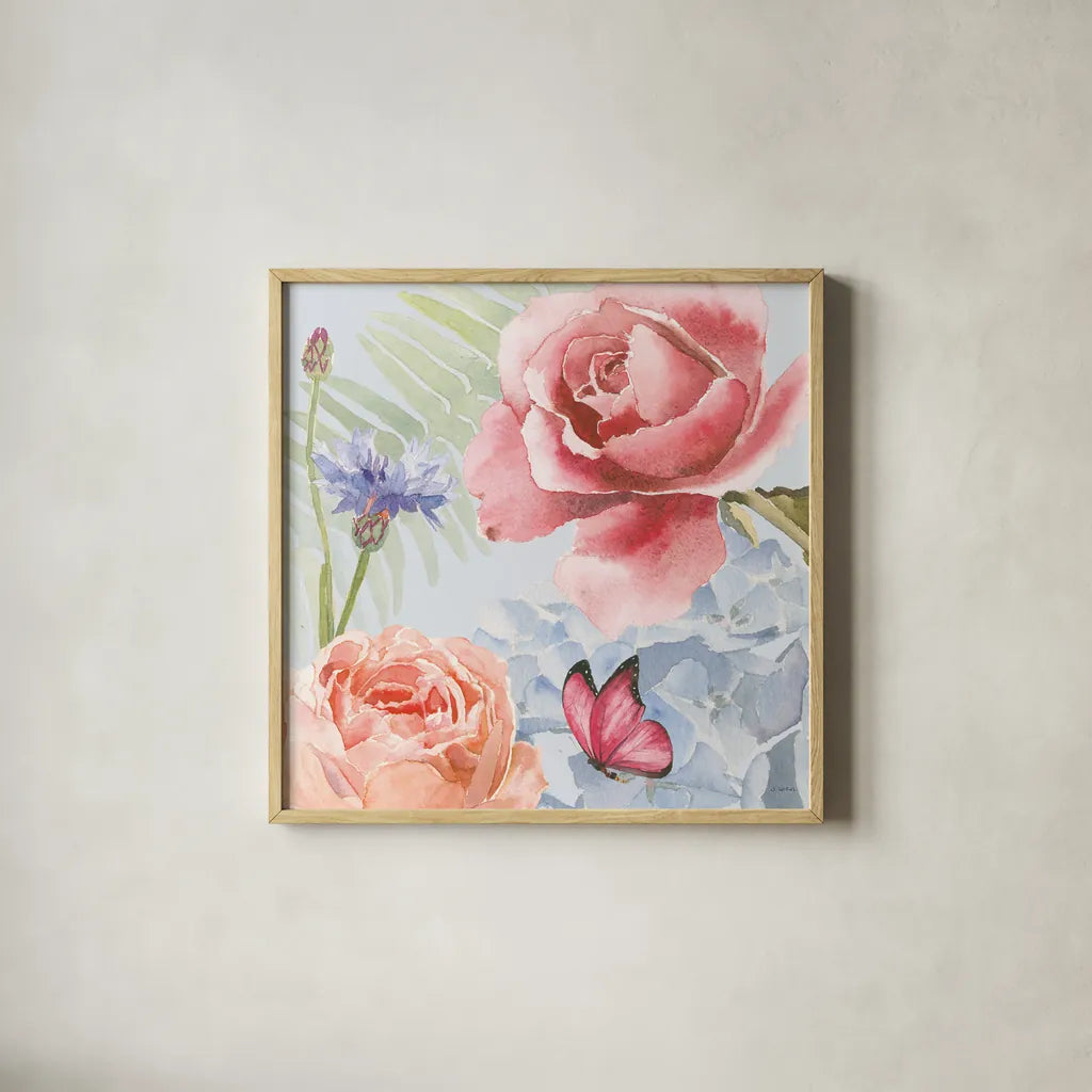 Boho Bouquet IV Blue by James Wiens. Shown in a natural wood glass frame for a timeless modern aesthetic. Available as an archival giclee rolled canvas, fine art paper, or poster print. SKU 62650a.