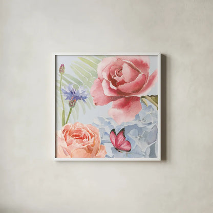 Boho Bouquet IV Blue by James Wiens. Shown in a crisp white glass frame for a clean and minimalist style. Available as an archival giclee rolled canvas, fine art paper, or poster print. SKU 62650a.