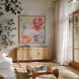 Boho Bouquet IV Blue by James Wiens. Shown in a natural wood frame in a cozy modern living room. Available as an archival giclee rolled canvas, fine art paper, or poster print. SKU 62650a.