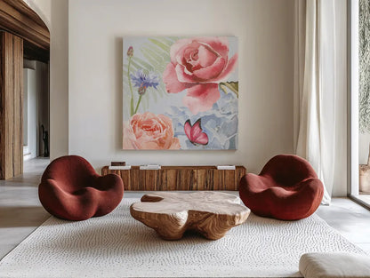 Boho Bouquet IV Blue by James Wiens. Shown as extra-large giant wall art in a modern living room. Available as an archival giclee rolled canvas, fine art paper, or poster print. SKU 62650a.
