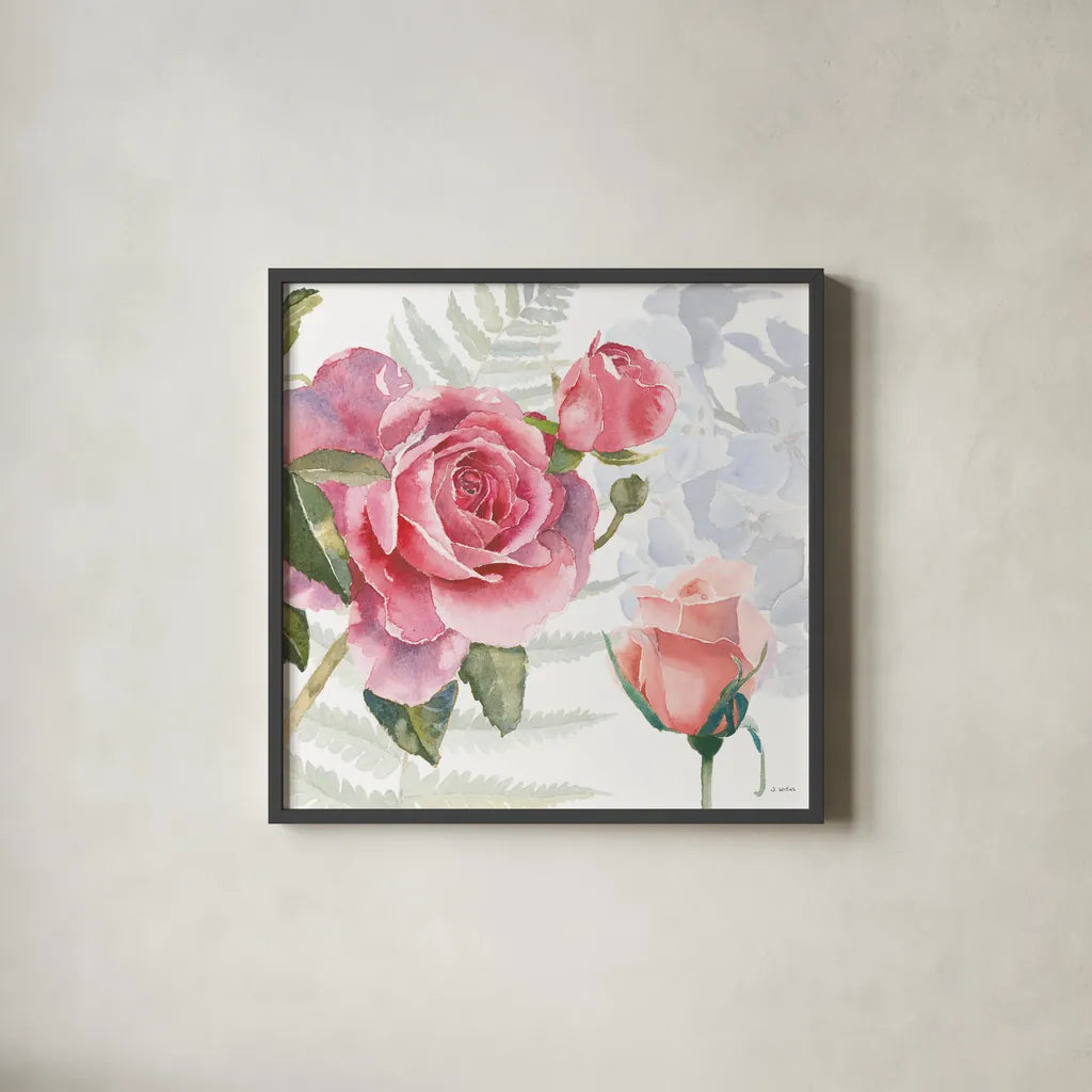 Boho Bouquet V by James Wiens. Shown in a sleek black glass frame for a contemporary gallery look. Available as an archival giclee rolled canvas, fine art paper, or poster print. SKU 62646a.