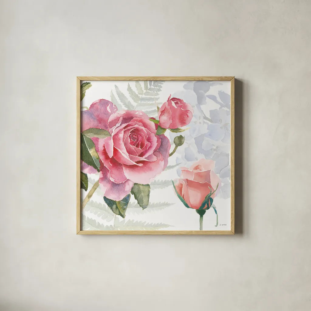 Boho Bouquet V by James Wiens. Shown in a natural wood glass frame for a timeless modern aesthetic. Available as an archival giclee rolled canvas, fine art paper, or poster print. SKU 62646a.