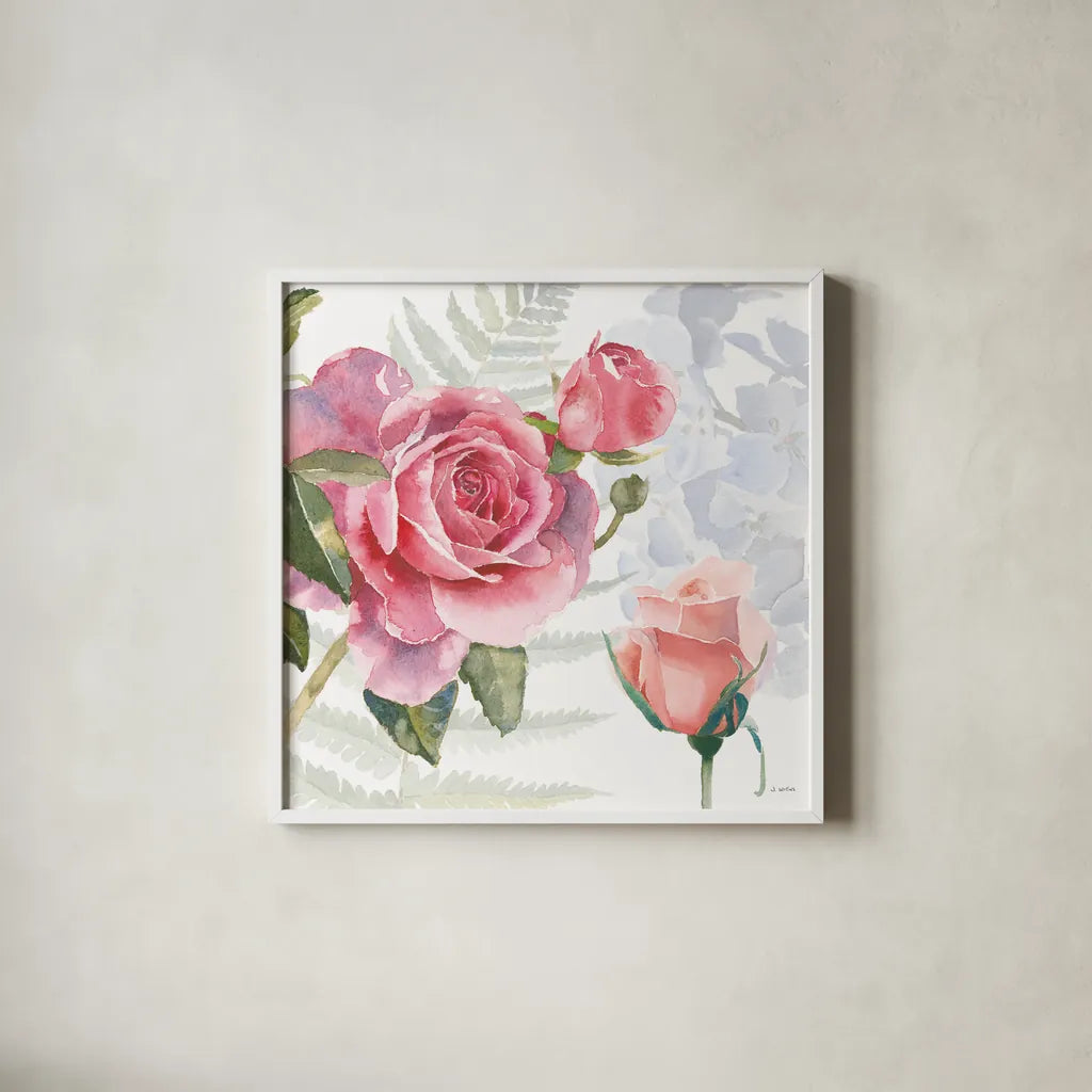 Boho Bouquet V by James Wiens. Shown in a crisp white glass frame for a clean and minimalist style. Available as an archival giclee rolled canvas, fine art paper, or poster print. SKU 62646a.