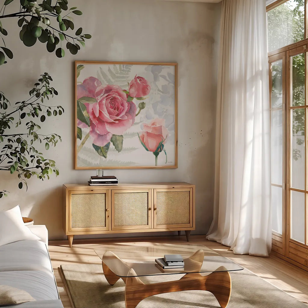 Boho Bouquet V by James Wiens. Shown in a natural wood frame in a cozy modern living room. Available as an archival giclee rolled canvas, fine art paper, or poster print. SKU 62646a.