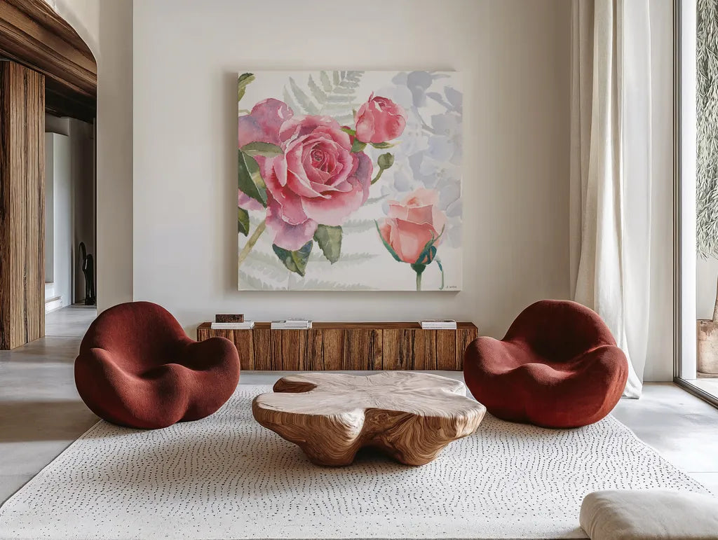 Boho Bouquet V by James Wiens. Shown as extra-large giant wall art in a modern living room. Available as an archival giclee rolled canvas, fine art paper, or poster print. SKU 62646a.