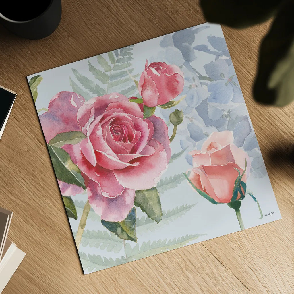 Boho Bouquet V Blue by James Wiens. Shown as a detailed flat fine art print, highlighting archival giclee quality. Available as an archival giclee rolled canvas, fine art paper, or poster print. SKU 62651a.