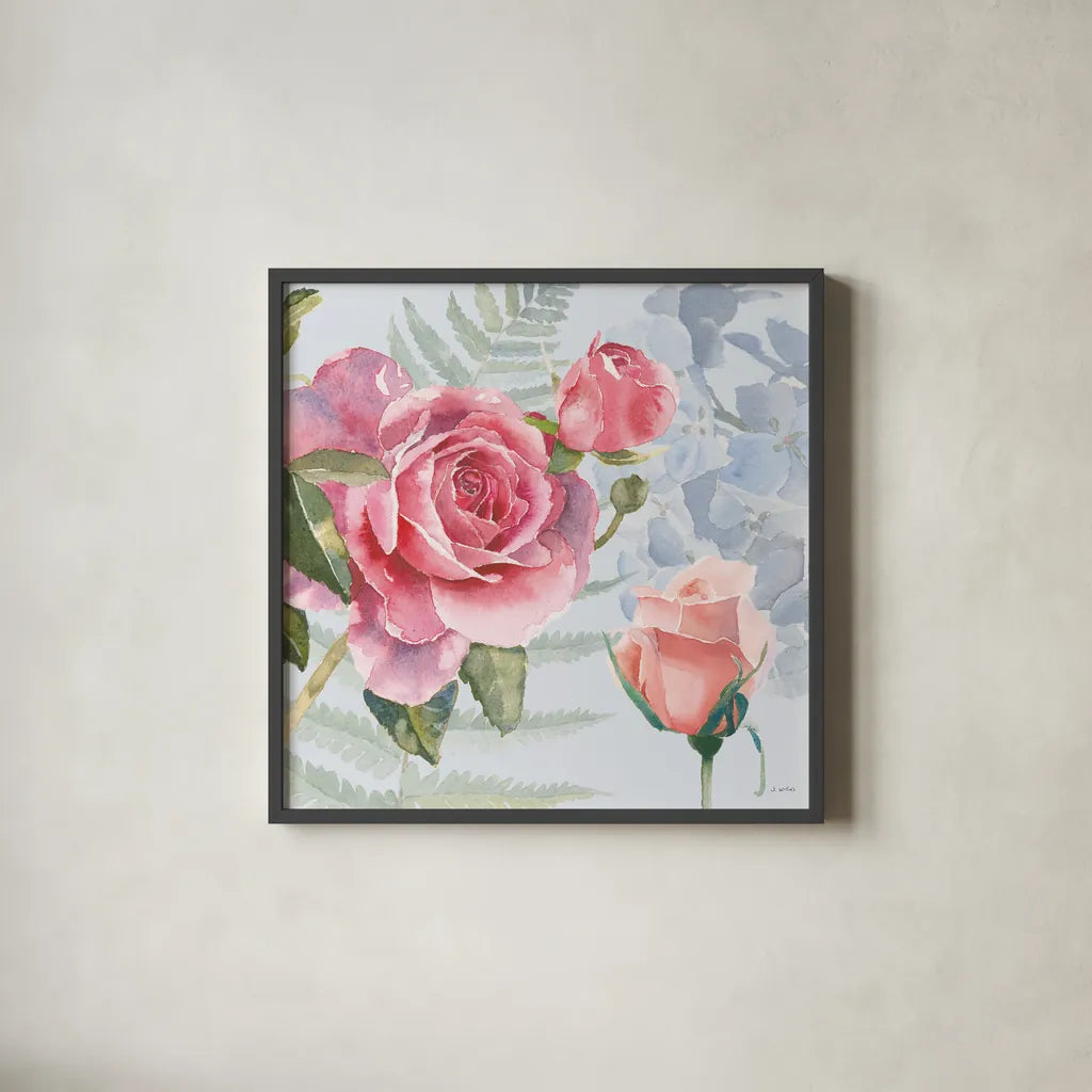 Boho Bouquet V Blue by James Wiens. Shown in a sleek black glass frame for a contemporary gallery look. Available as an archival giclee rolled canvas, fine art paper, or poster print. SKU 62651a.