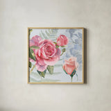 Boho Bouquet V Blue by James Wiens. Shown in a natural wood glass frame for a timeless modern aesthetic. Available as an archival giclee rolled canvas, fine art paper, or poster print. SKU 62651a.